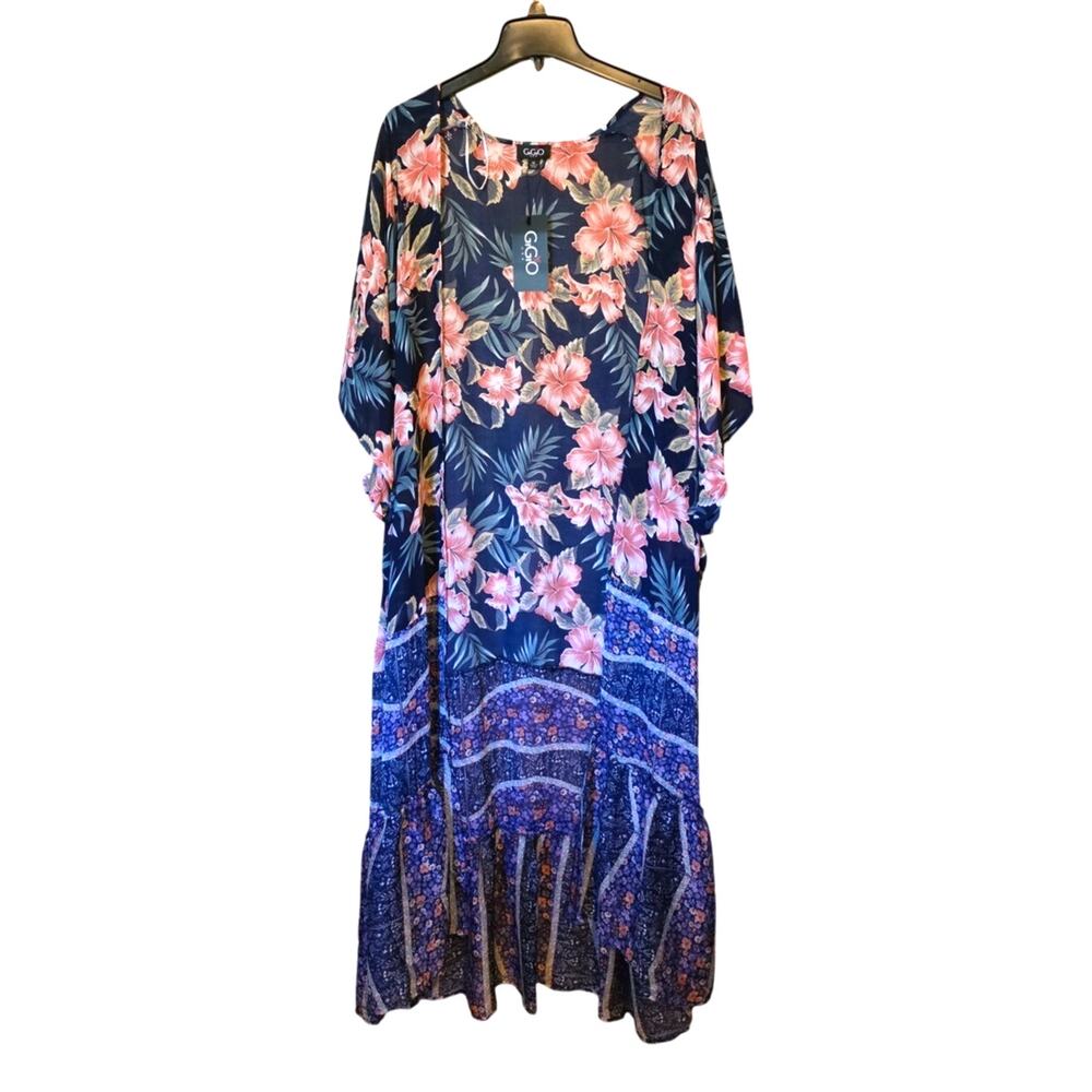 Gigio Kimono Duster Women Sz‎ M Mixed Print Ruffles Cover Up Flowy BOHO NWT